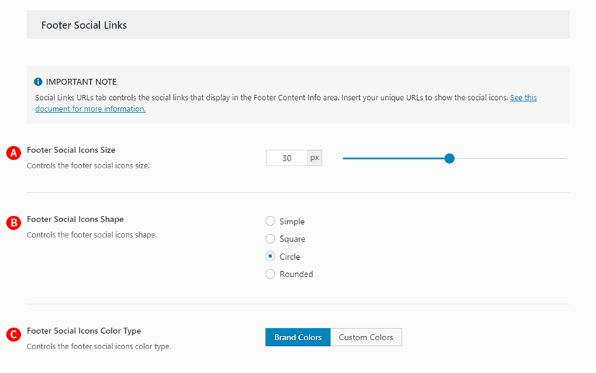 Footer Social Links options Screenshot.