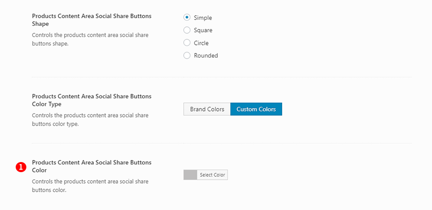 Products Content Area Social Share Buttons Shape: Simple &amp; Products Content Area Social Share Buttons Color Type: Custom Colors option Screenshot.