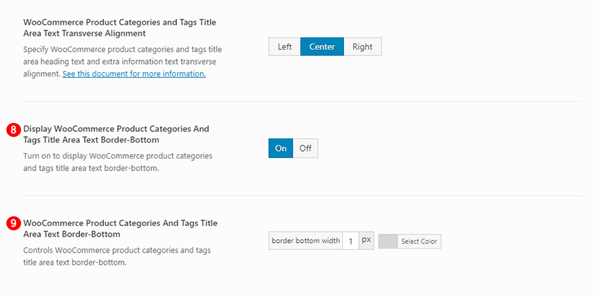 WooCommerce Product Categories and Tags Title Area Text Border-Bottom options Screenshot