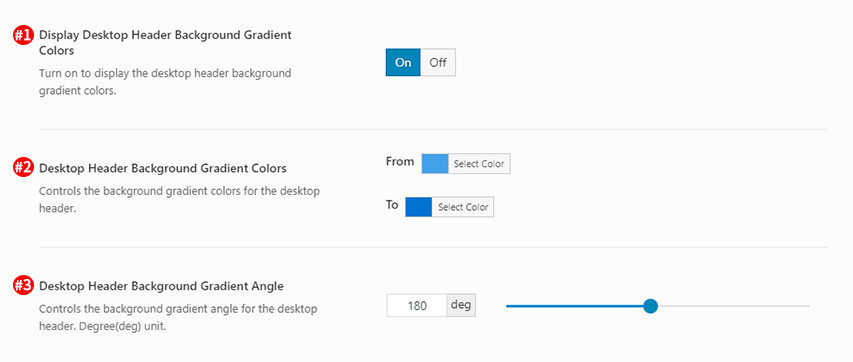 Screenshot of Desktop Header Background Gradient Colors options in the Desktop header version 1