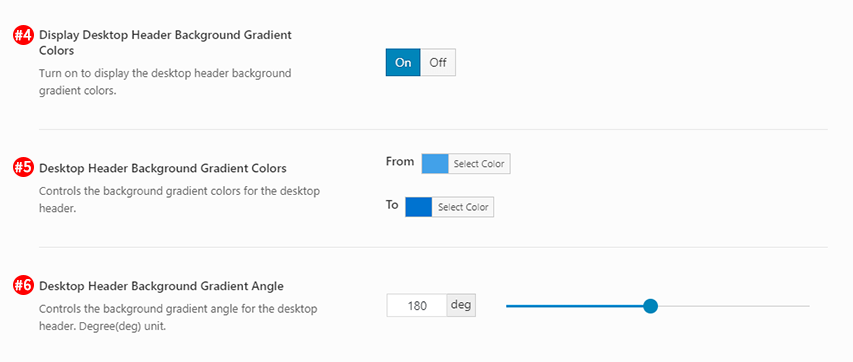 Screenshot of Desktop Header Background Gradient Colors options in the Desktop header version 3