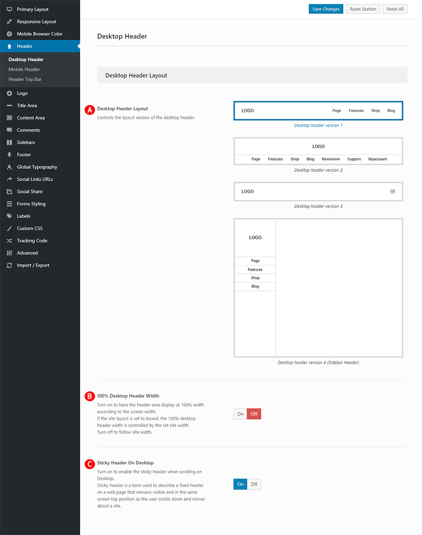 Desktop Header Layout options Screenshot