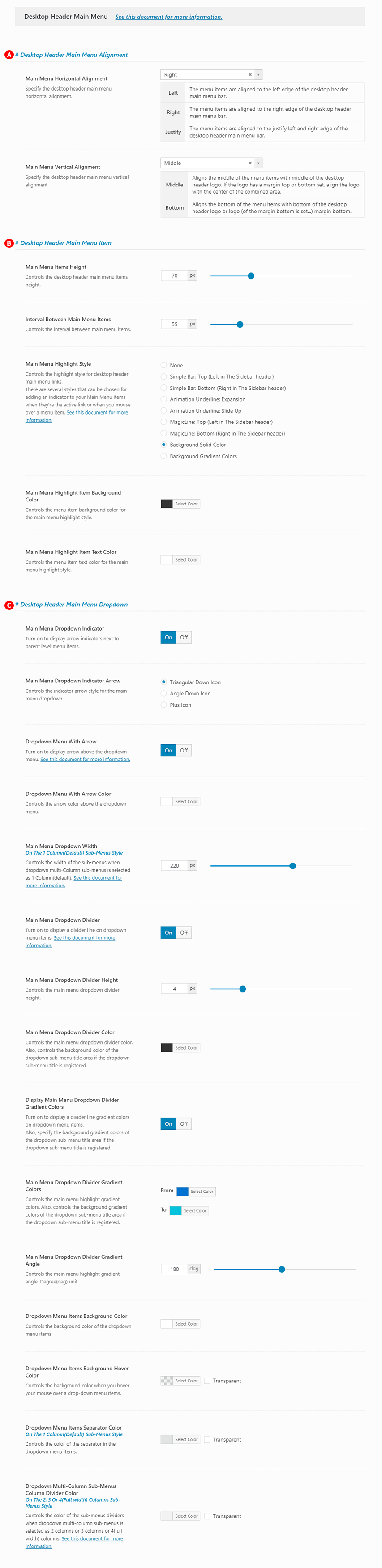 Screenshot of Desktop Header Main Menu options in the Desktop header version 1