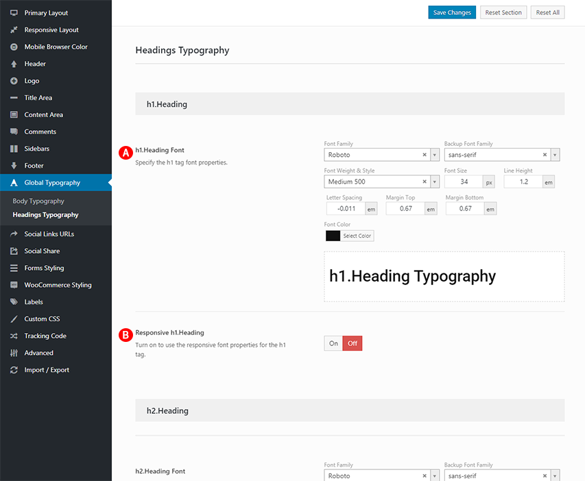 Headings Typography options Screenshot