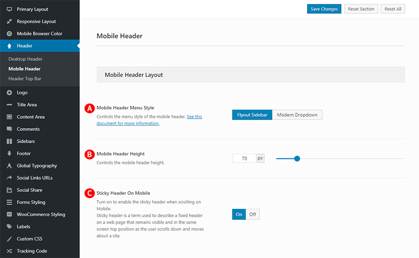 Mobile Header Layout options Screenshot