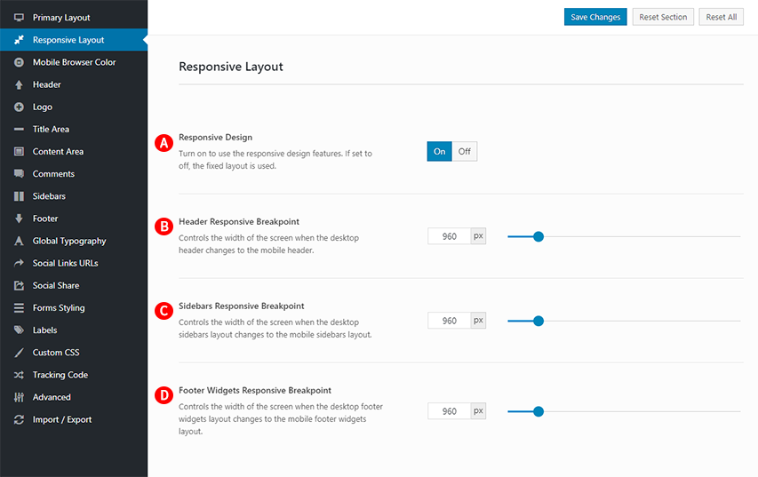 Responsive Layout options Screenshot.